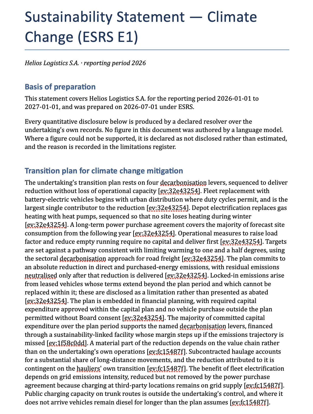 The first page of the rendered sustainability statement: "Sustainability Statement — Climate Change (ESRS E1)", Helios Logistics S.A. reporting period 2026, and a Basis of preparation paragraph stating that no figure in the document was authored by a language model