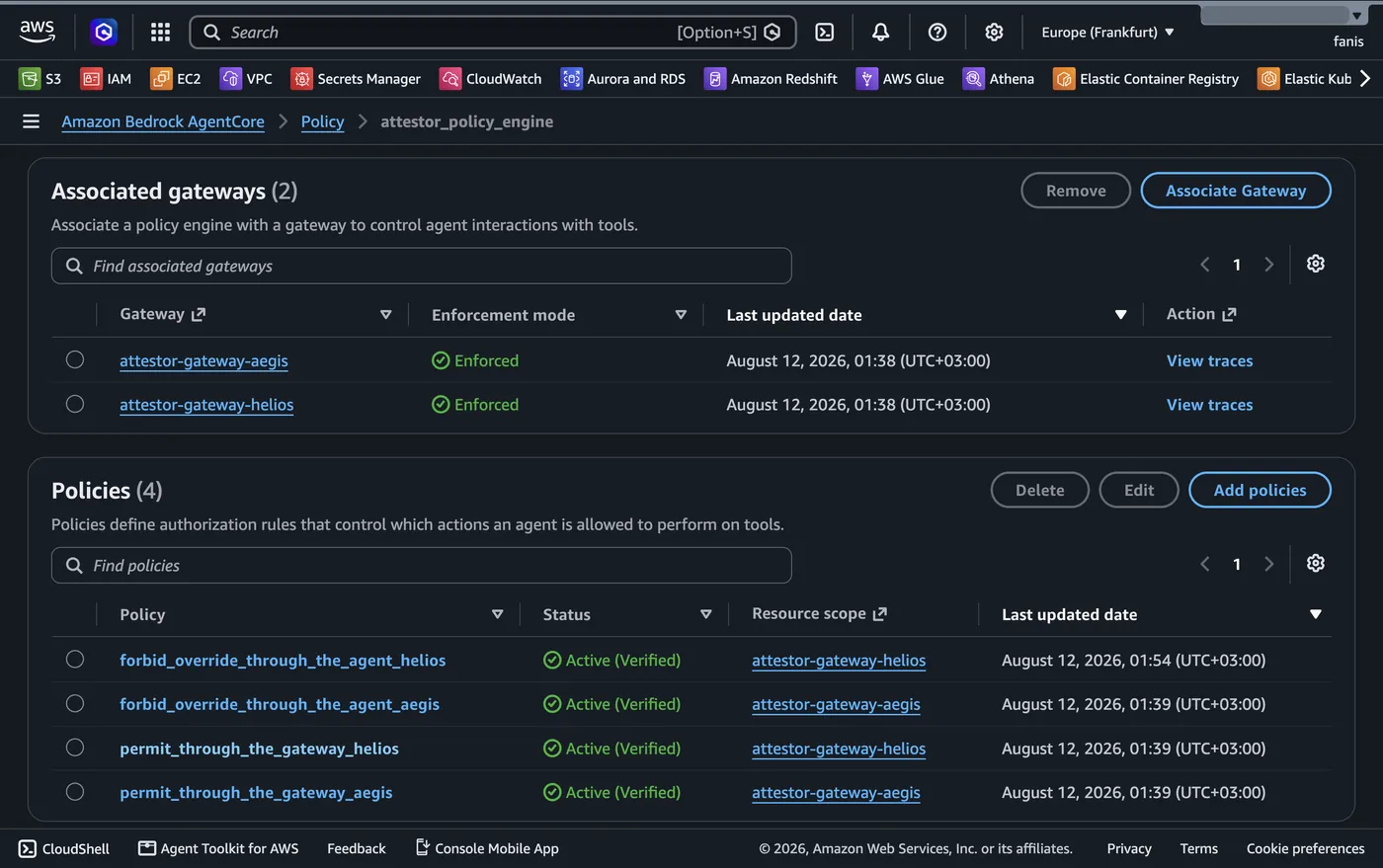 AgentCore policy engine console: two gateways both Enforced, four Cedar policies all Active (Verified), each bound to a single gateway in the resource-scope column