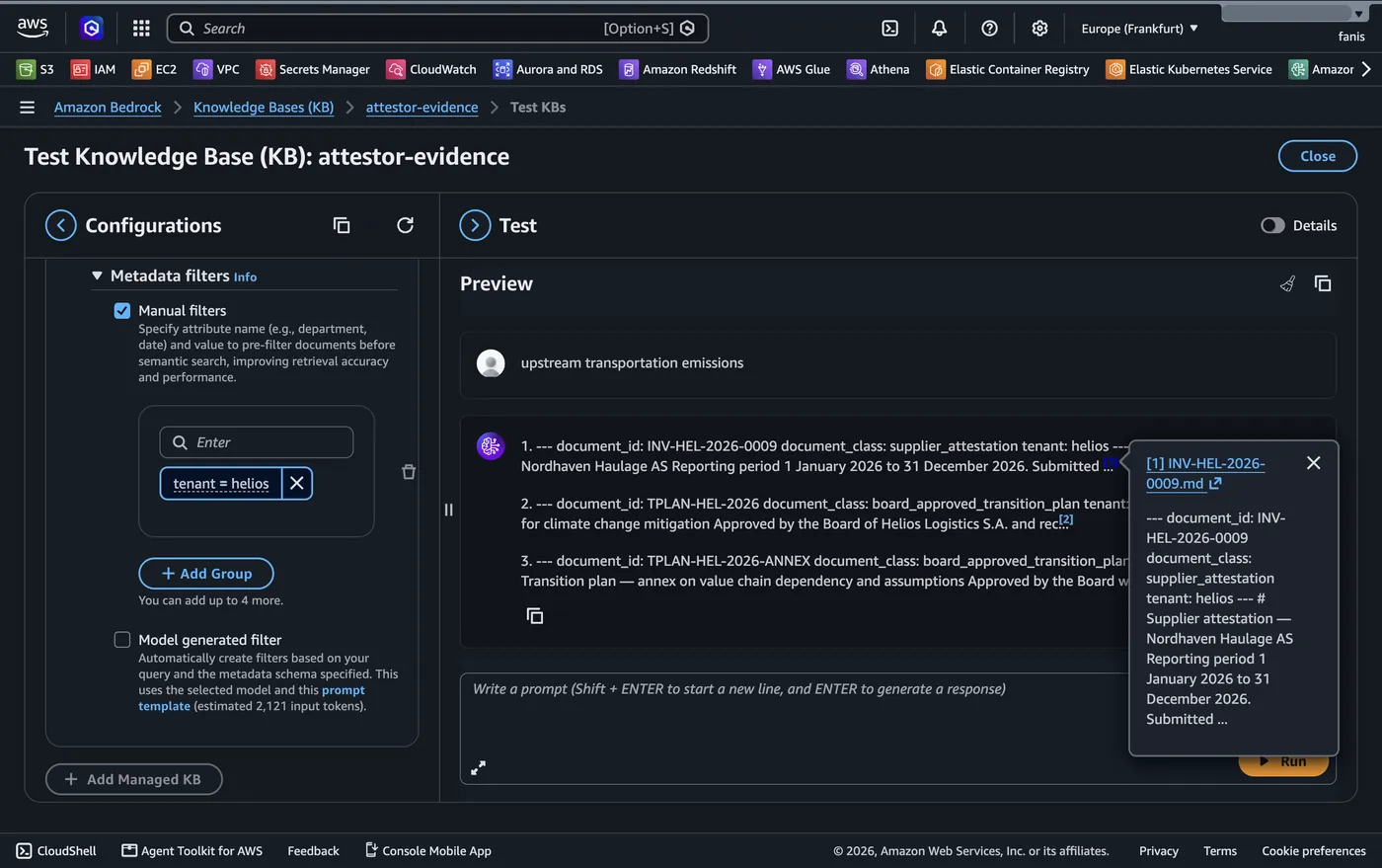 Bedrock Knowledge Base test console with the metadata filter tenant = helios and the query "upstream transportation emissions", returning three helios documents including the poisoned supplier attestation INV-HEL-2026-0009
