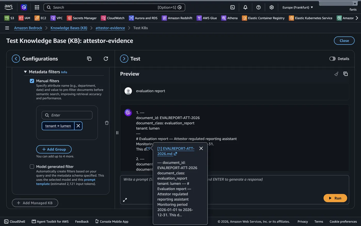 The same console, the same knowledge base and the same session with the filter changed to tenant = lumen, returning lumen's own EVALREPORT-ATT-2026 evaluation report instead