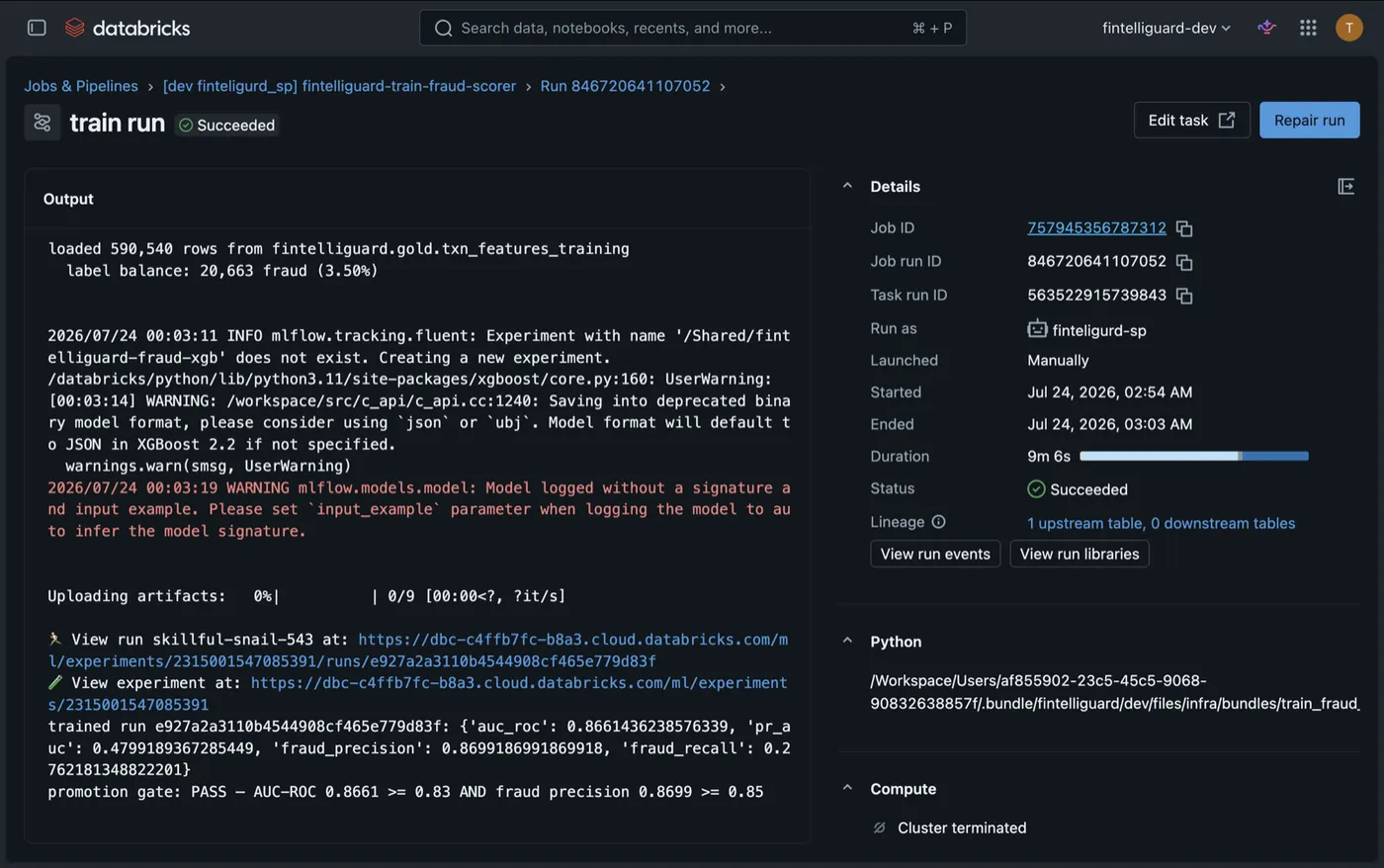 Databricks training run: promotion gate PASS — AUC-ROC 0.8661 ≥ 0.83 AND fraud precision 0.8699 ≥ 0.85