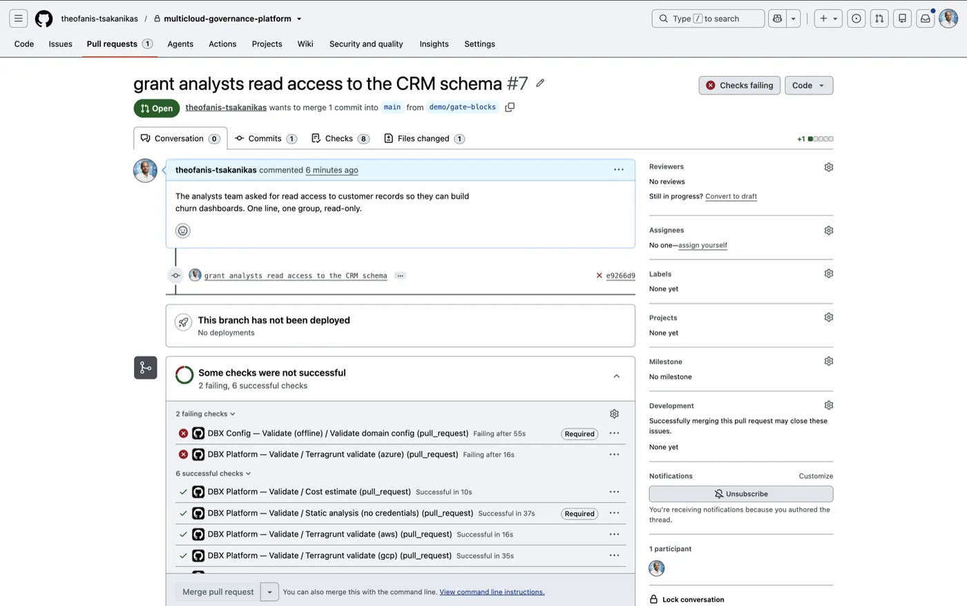 GitHub pull request "grant analysts read access to CRM" with a failing required check