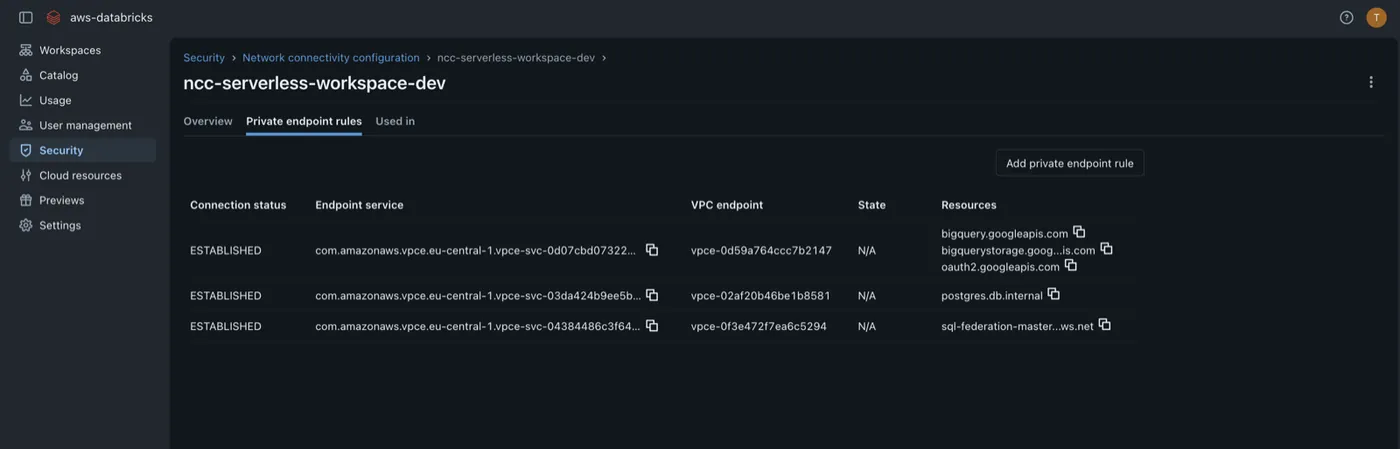 Databricks NCC private endpoint rules — three rules, all ESTABLISHED, mapped to RDS Postgres, Azure SQL and BigQuery
