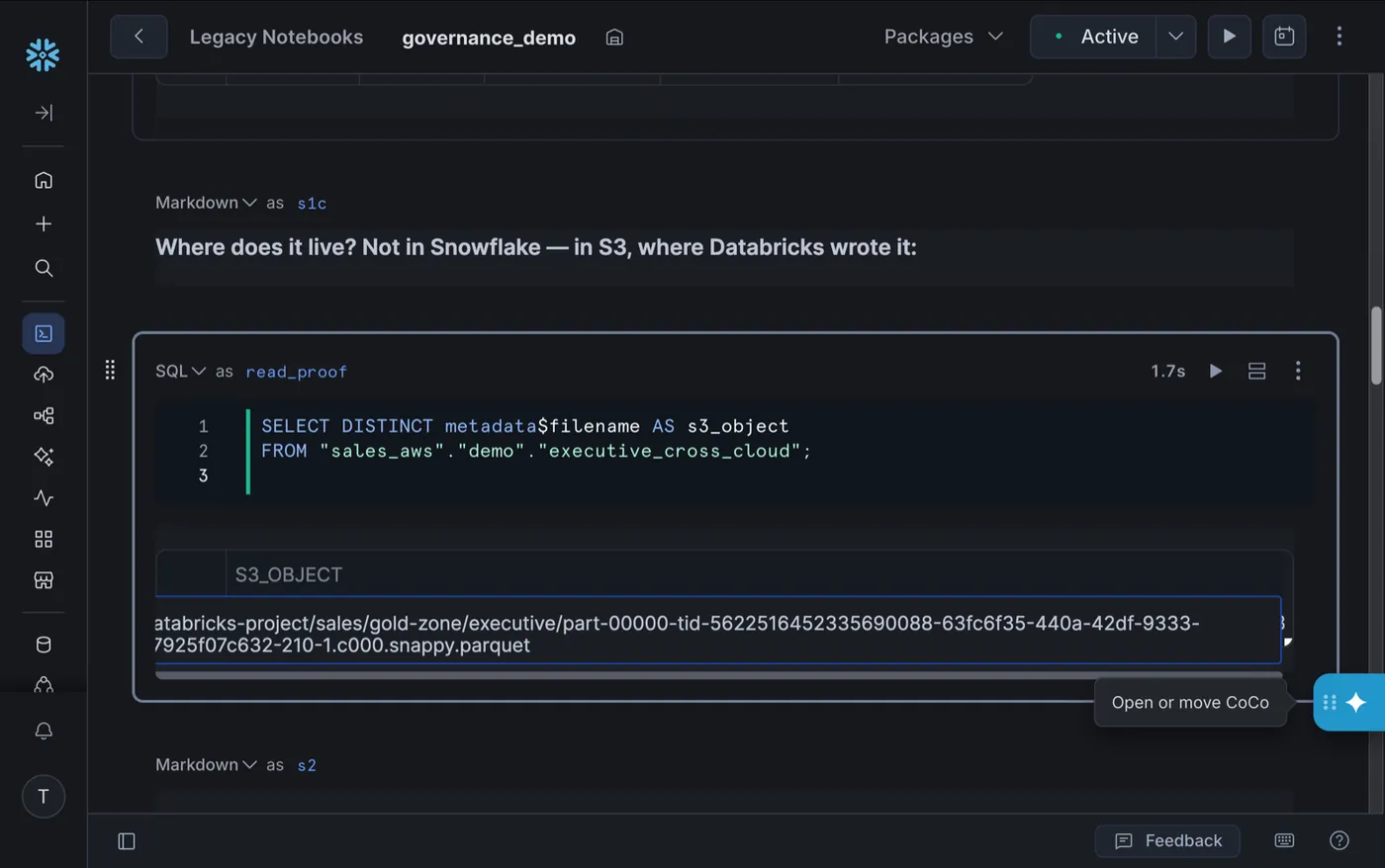Snowflake query: SELECT metadata$filename returns the exact S3 Parquet key that Databricks wrote