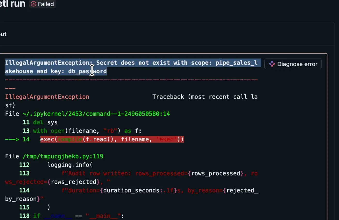 Databricks job failure: "Secret does not exist with scope: … key: db_password"