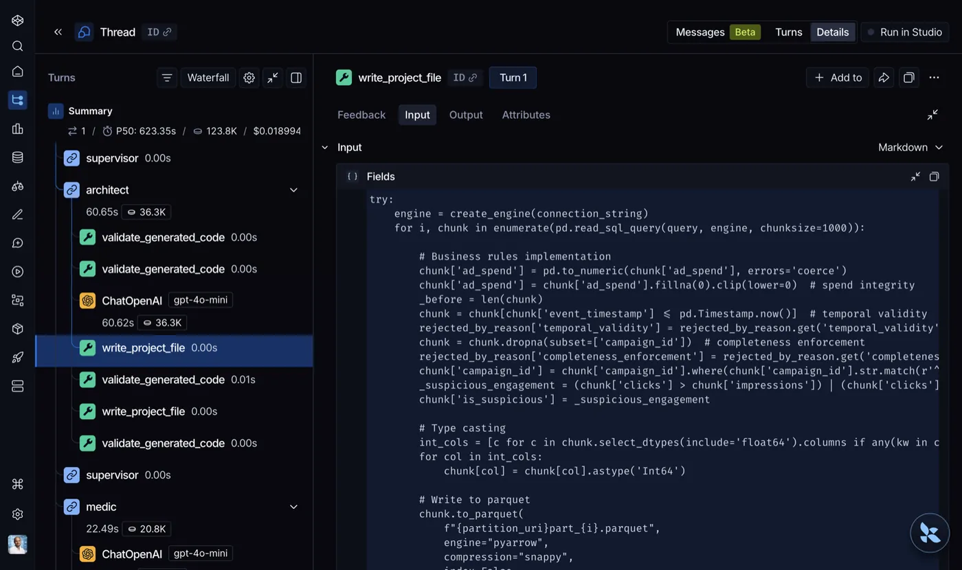 LangSmith trace of write_project_file: the pipeline script the model wrote, with real pandas business-rule code — coercion, clipping, a temporal filter, per-rule rejection counters