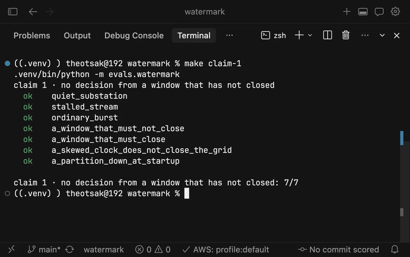 The claim 1 harness passing 7 of 7 labelled cases: a quiet substation, a stalled stream, a device whose clock is three hours fast, a partition already down at start-up, and a window that must close
