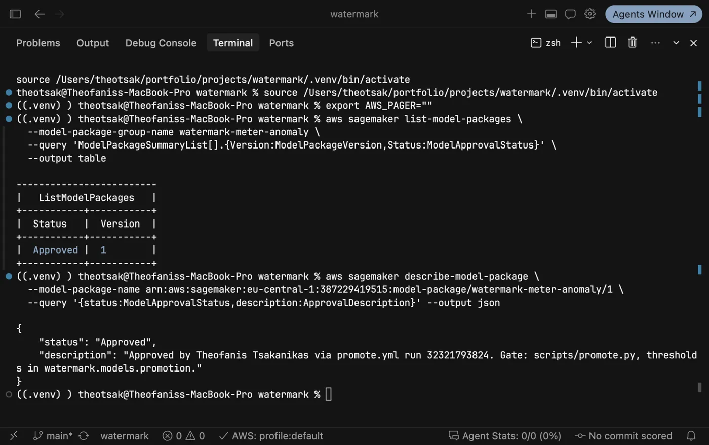 SageMaker Model Registry: version 1 in status Approved, with an approval description naming the human, the workflow run and the gate script