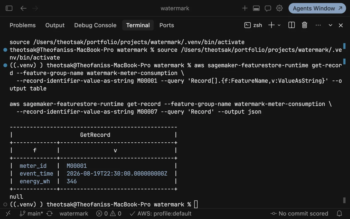 SageMaker Feature Store GetRecord: meter M00001 returns energy_wh 346 at its event time, and meter M00007 returns null, from the same feature group, one second apart