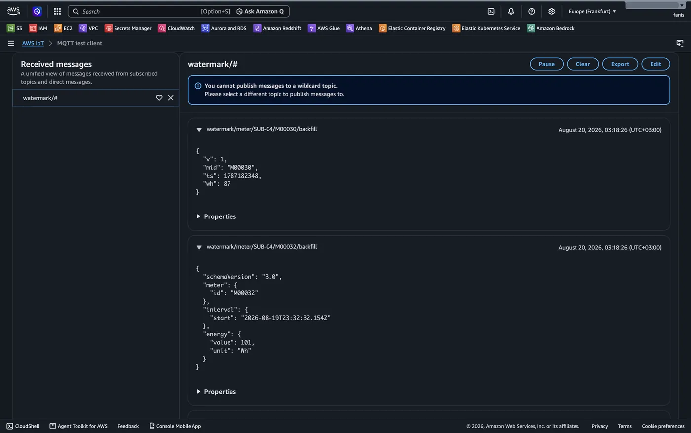 The MQTT test client showing two messages on backfill topics with different schema shapes — one flat, one nested at schemaVersion 3.0